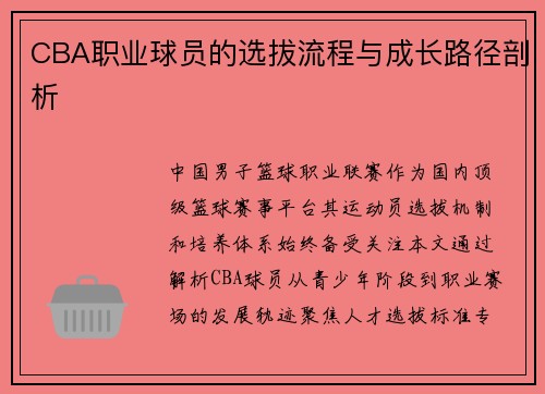 CBA职业球员的选拔流程与成长路径剖析